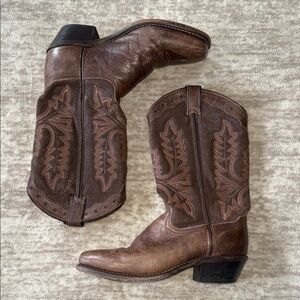 Leather cowgirl boots with pink detail made in the USA